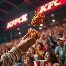 A close-up shot capturing a fan tossing a piece of KFC Popcorn Chicken into the air, beautifully captured in slow motion as the crispy bite soars towards their mouth