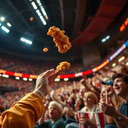 A close-up shot capturing a fan tossing a piece of KFC Popcorn Chicken into the air, beautifully captured in slow motion as the crispy bite soars towards their mouth