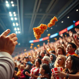 A close-up shot capturing a fan tossing a piece of KFC Popcorn Chicken into the air, beautifully captured in slow motion as the crispy bite soars towards their mouth