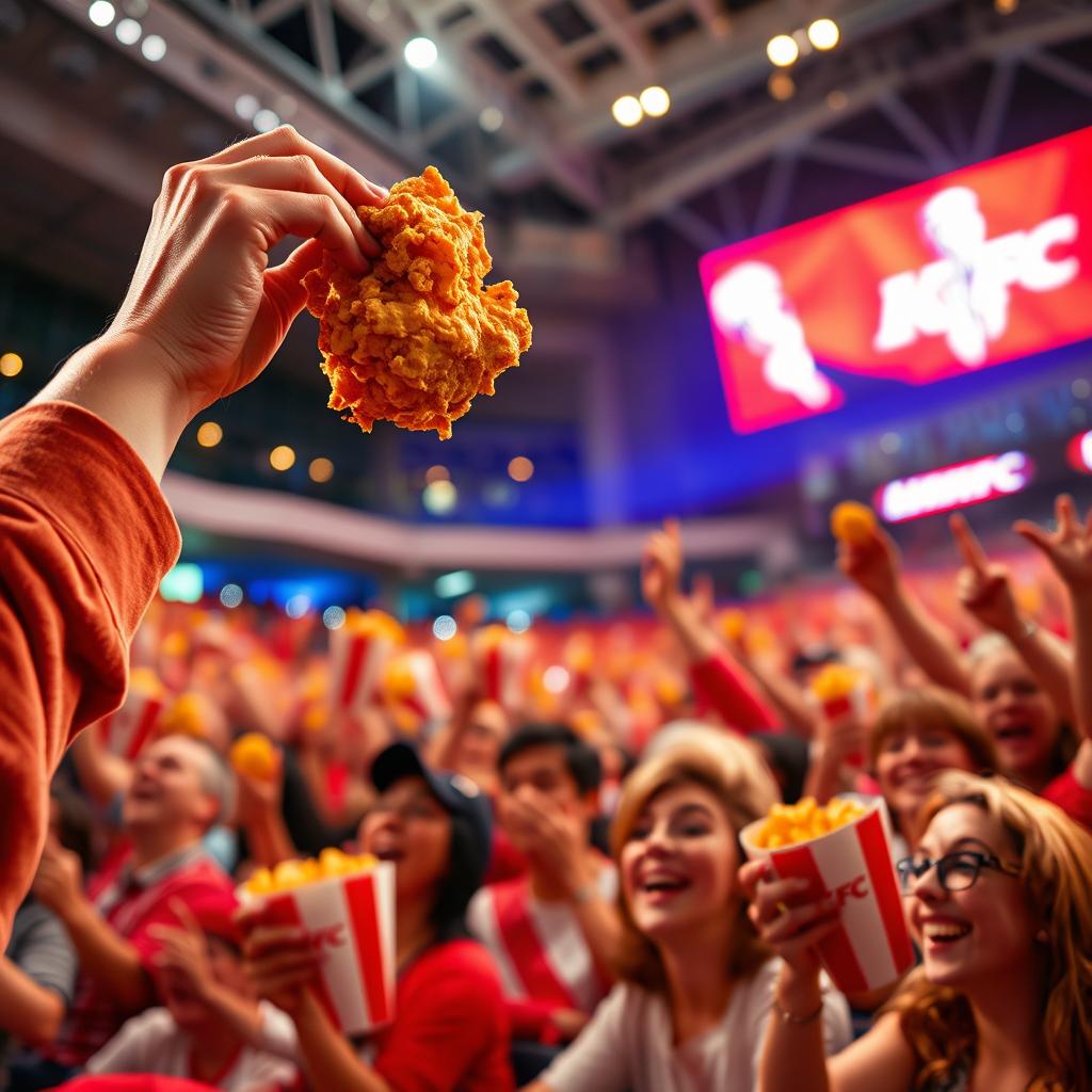 A close-up shot capturing a fan tossing a piece of KFC Popcorn Chicken into the air, beautifully captured in slow motion as the crispy bite soars towards their mouth