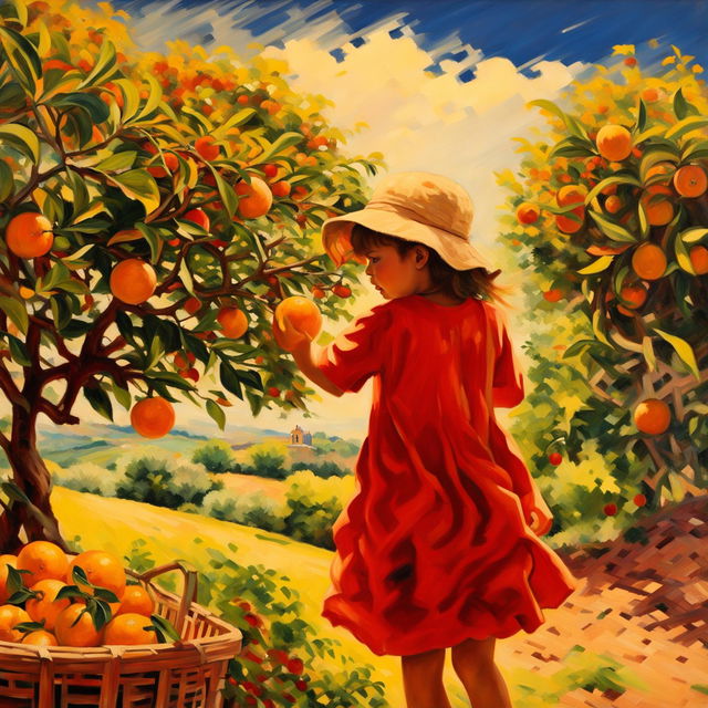 An impressionistic fine art painting showing a 4-year-old girl in a red sundress and straw sun hat, picking mandarins from a tree in Tuscany