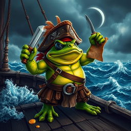A fierce battle toad pirate standing triumphantly on a rugged ship deck, holding a cutlass in one hand and a treasure map in the other