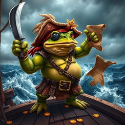 A fierce battle toad pirate standing triumphantly on a rugged ship deck, holding a cutlass in one hand and a treasure map in the other
