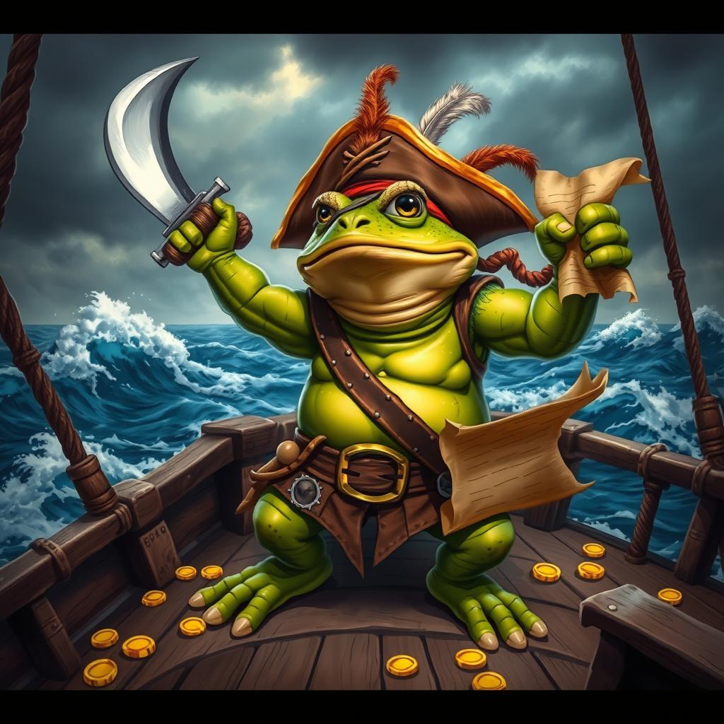 A fierce battle toad pirate standing triumphantly on a rugged ship deck, holding a cutlass in one hand and a treasure map in the other