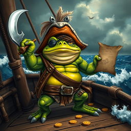 A fierce battle toad pirate standing triumphantly on a rugged ship deck, holding a cutlass in one hand and a treasure map in the other