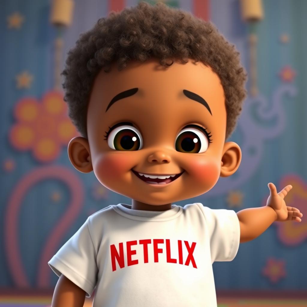 A charming child with cinnamon skin color, smiling with kawaii-style big eyes, inspired by Disney-Pixar animation