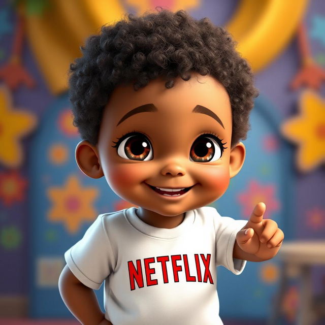 A charming child with cinnamon skin color, smiling with kawaii-style big eyes, inspired by Disney-Pixar animation