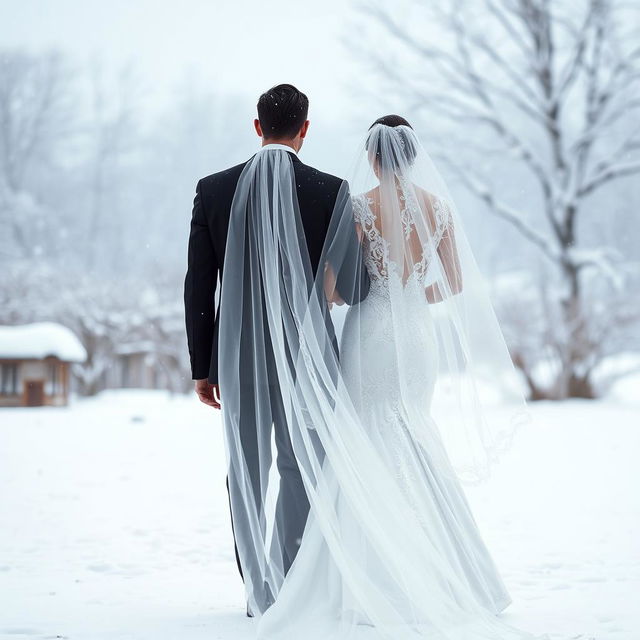 A veiled bride in a long flowing white wedding dress with intricate lace details and a long veil, seen from behind as she walks gracefully alongside her groom who is dressed in a classic black suit