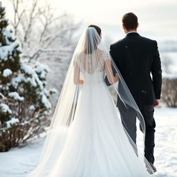 A veiled bride in a long flowing white wedding dress with intricate lace details and a long veil, seen from behind as she walks gracefully alongside her groom who is dressed in a classic black suit