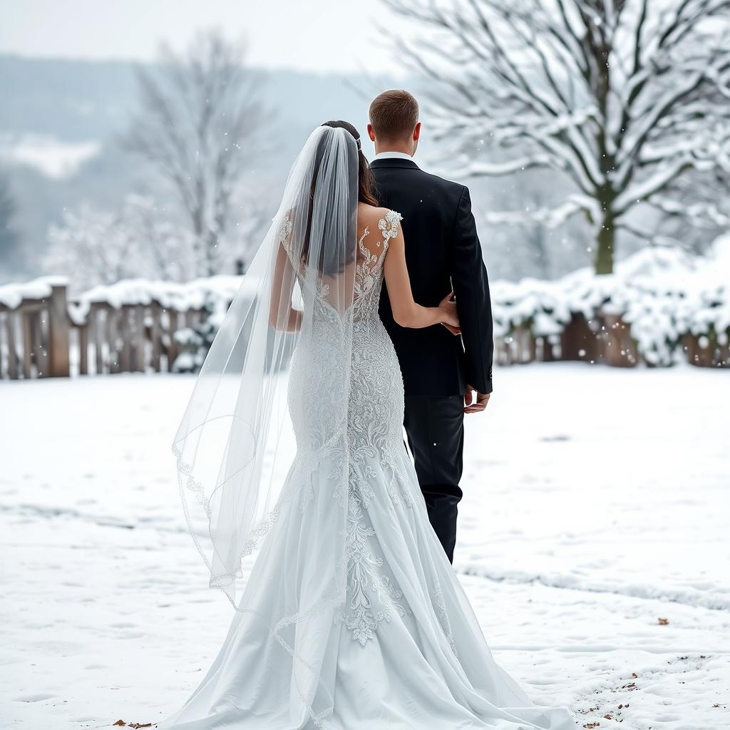A veiled bride in a long flowing white wedding dress with intricate lace details and a long veil, seen from behind as she walks gracefully alongside her groom who is dressed in a classic black suit