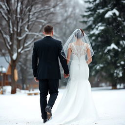 A veiled bride in a long flowing white wedding dress with intricate lace details and a long veil, seen from behind as she walks gracefully alongside her groom who is dressed in a classic black suit