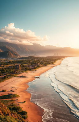 A breathtaking landscape transitioning from a serene beach with gentle waves lapping at the shore, gradually rising into majestic mountains in the background