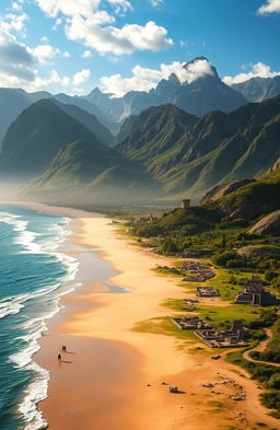 A breathtaking landscape transitioning from a serene beach with gentle waves lapping at the shore, gradually rising into majestic mountains in the background