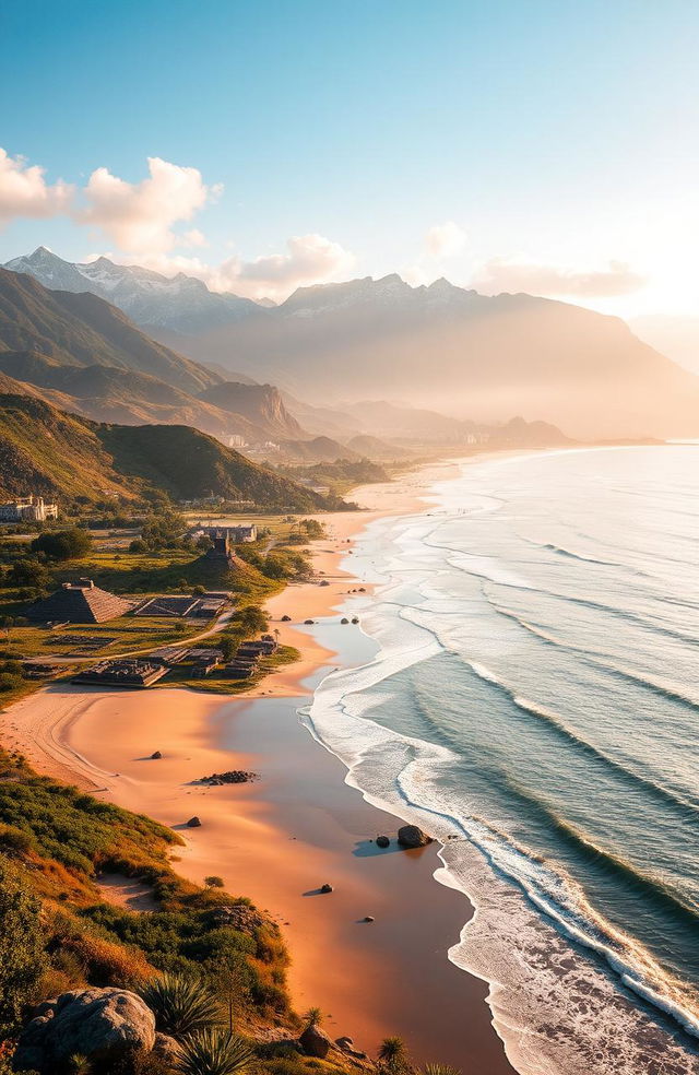 A breathtaking landscape transitioning from a serene beach with gentle waves lapping at the shore, gradually rising into majestic mountains in the background