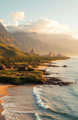 A breathtaking landscape transitioning from a serene beach with gentle waves lapping at the shore, gradually rising into majestic mountains in the background