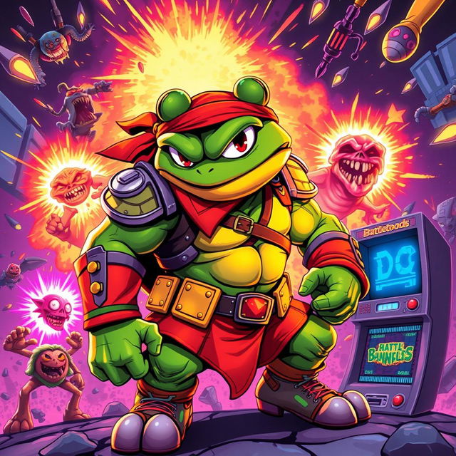 A retro-inspired digital artwork of a Battletoads game player, showcasing a highly energetic scene