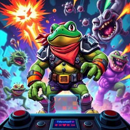 A retro-inspired digital artwork of a Battletoads game player, showcasing a highly energetic scene