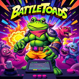 A retro-inspired digital artwork of a Battletoads game player, showcasing a highly energetic scene