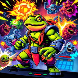 A retro-inspired digital artwork of a Battletoads game player, showcasing a highly energetic scene