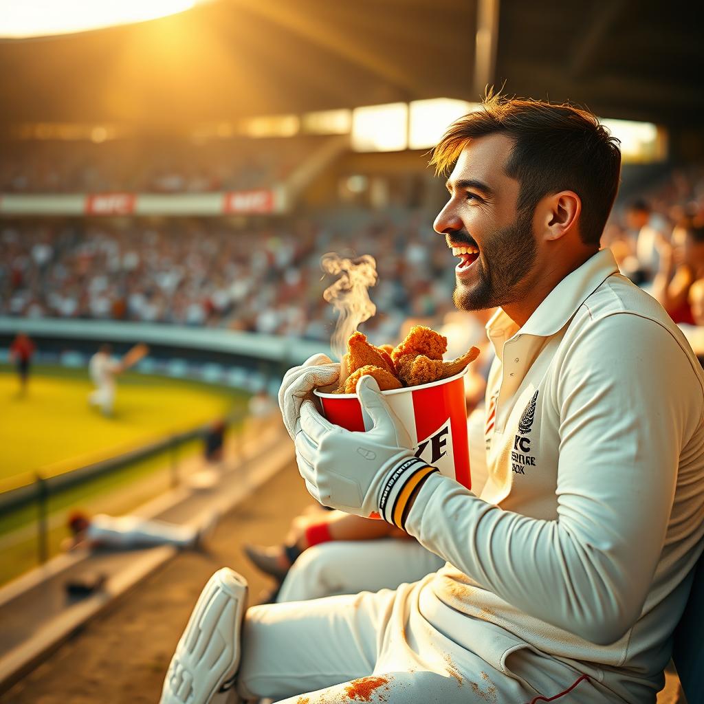 A medium shot featuring a cricket player sitting on the team bench in a packed stadium, still wearing a bright white jersey adorned with grass stains