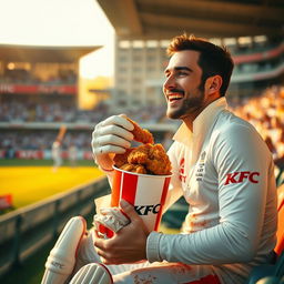 A medium shot featuring a cricket player sitting on the team bench in a packed stadium, still wearing a bright white jersey adorned with grass stains