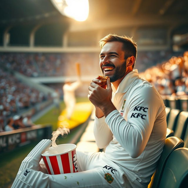 A medium shot featuring a cricket player sitting on the team bench in a packed stadium, still wearing a bright white jersey adorned with grass stains