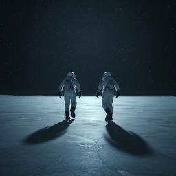 A dramatic scene featuring two astronauts in sleek, futuristic space suits walking across a vast, icy plain