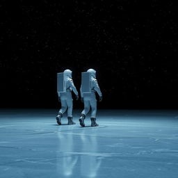 A dramatic scene featuring two astronauts in sleek, futuristic space suits walking across a vast, icy plain