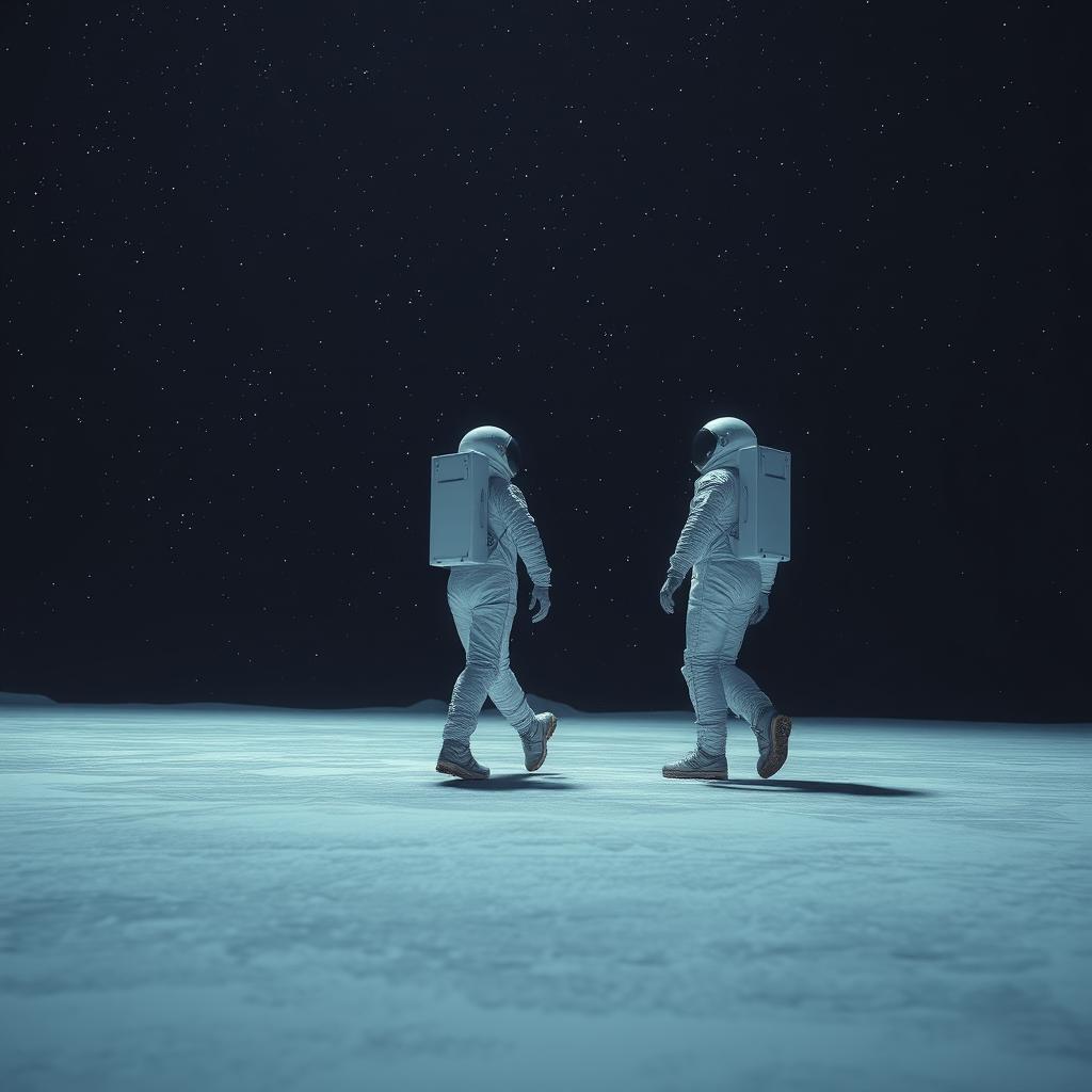 A dramatic scene featuring two astronauts in sleek, futuristic space suits walking across a vast, icy plain