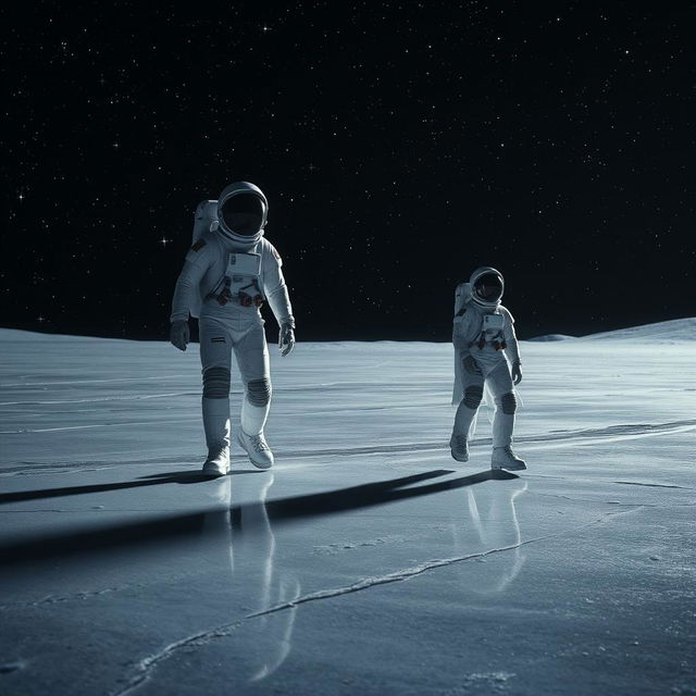 A dramatic scene featuring two astronauts in sleek, futuristic space suits walking across a vast, icy plain