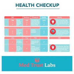 A detailed health checkup infographic design featuring the following tests: CBC, Renal Function Test, Liver Function Tests, Sodium, Potassium, HbA1c, and FBS