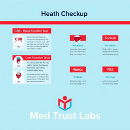 A detailed health checkup infographic design featuring the following tests: CBC, Renal Function Test, Liver Function Tests, Sodium, Potassium, HbA1c, and FBS