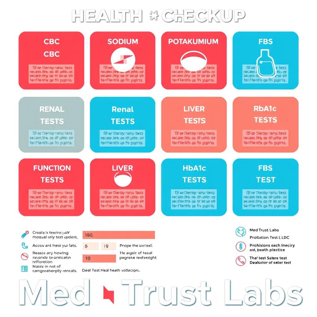 A detailed health checkup infographic design featuring the following tests: CBC, Renal Function Test, Liver Function Tests, Sodium, Potassium, HbA1c, and FBS