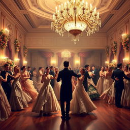 An elegant 19th-century ballroom filled with couples dancing gracefully under a grand chandelier