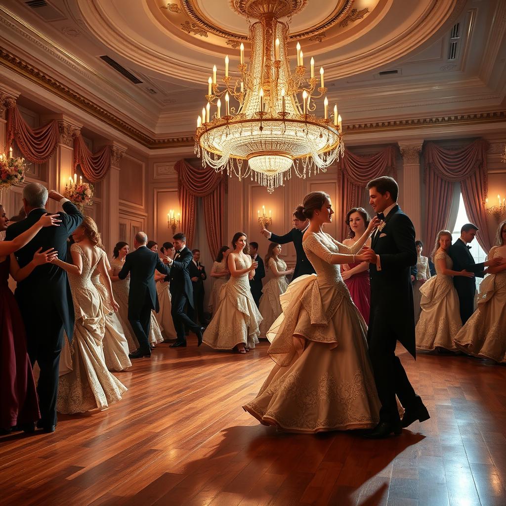 An elegant 19th-century ballroom filled with couples dancing gracefully under a grand chandelier