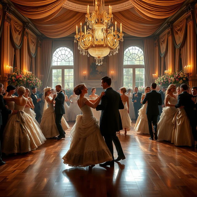 An elegant 19th-century ballroom filled with couples dancing gracefully under a grand chandelier