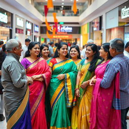 A lively scene depicting a group of attractive Indian women, dressed in colorful traditional attire, chatting and laughing in a bustling mall environment
