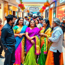 A lively scene depicting a group of attractive Indian women, dressed in colorful traditional attire, chatting and laughing in a bustling mall environment