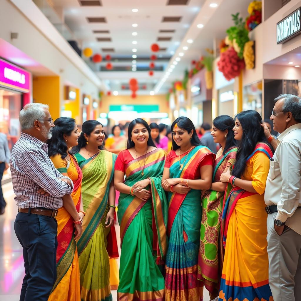 A lively scene depicting a group of attractive Indian women, dressed in colorful traditional attire, chatting and laughing in a bustling mall environment