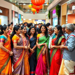 A lively scene depicting a group of attractive Indian women, dressed in colorful traditional attire, chatting and laughing in a bustling mall environment