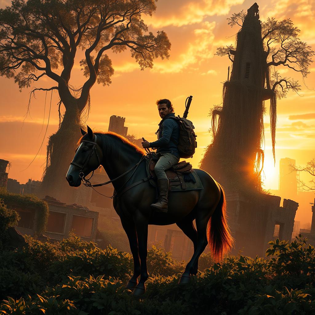 A post-apocalyptic scene depicting a ruined city overgrown with lush vegetation, bathed in warm sunset colors that cast long, dark shadows creating depth