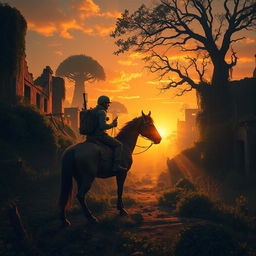 A post-apocalyptic scene depicting a ruined city overgrown with lush vegetation, bathed in warm sunset colors that cast long, dark shadows creating depth