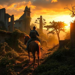 A post-apocalyptic scene depicting a ruined city overgrown with lush vegetation, bathed in warm sunset colors that cast long, dark shadows creating depth