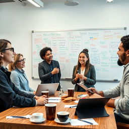 A vibrant and dynamic brainstorming session featuring a diverse group of professionals from various fields such as science, art, technology, and business collaborating enthusiastically