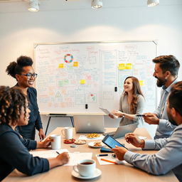 A vibrant and dynamic brainstorming session featuring a diverse group of professionals from various fields such as science, art, technology, and business collaborating enthusiastically