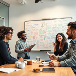 A vibrant and dynamic brainstorming session featuring a diverse group of professionals from various fields such as science, art, technology, and business collaborating enthusiastically
