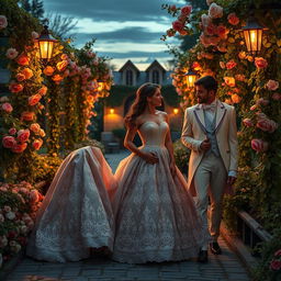 An enchanting 19th-century garden scene at dusk, filled with couples in love