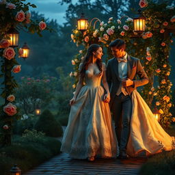 An enchanting 19th-century garden scene at dusk, filled with couples in love