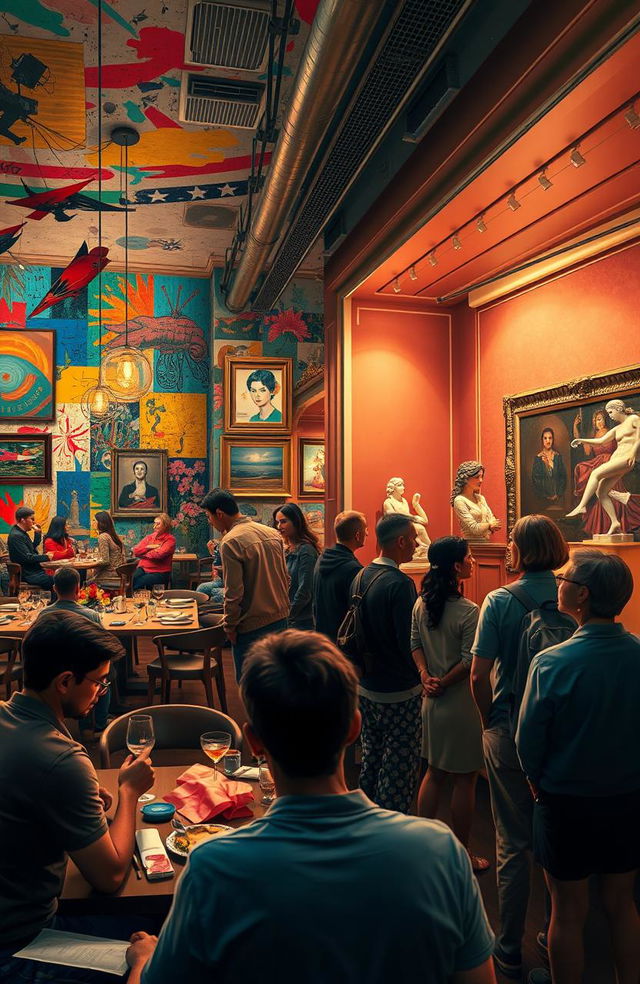 A surreal scene depicting a restaurant that embodies dissonance, with clashing colors, chaotic arrangements of tables and chairs, and vibrant, abstract art adorning the walls