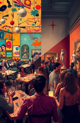 A surreal scene depicting a restaurant that embodies dissonance, with clashing colors, chaotic arrangements of tables and chairs, and vibrant, abstract art adorning the walls